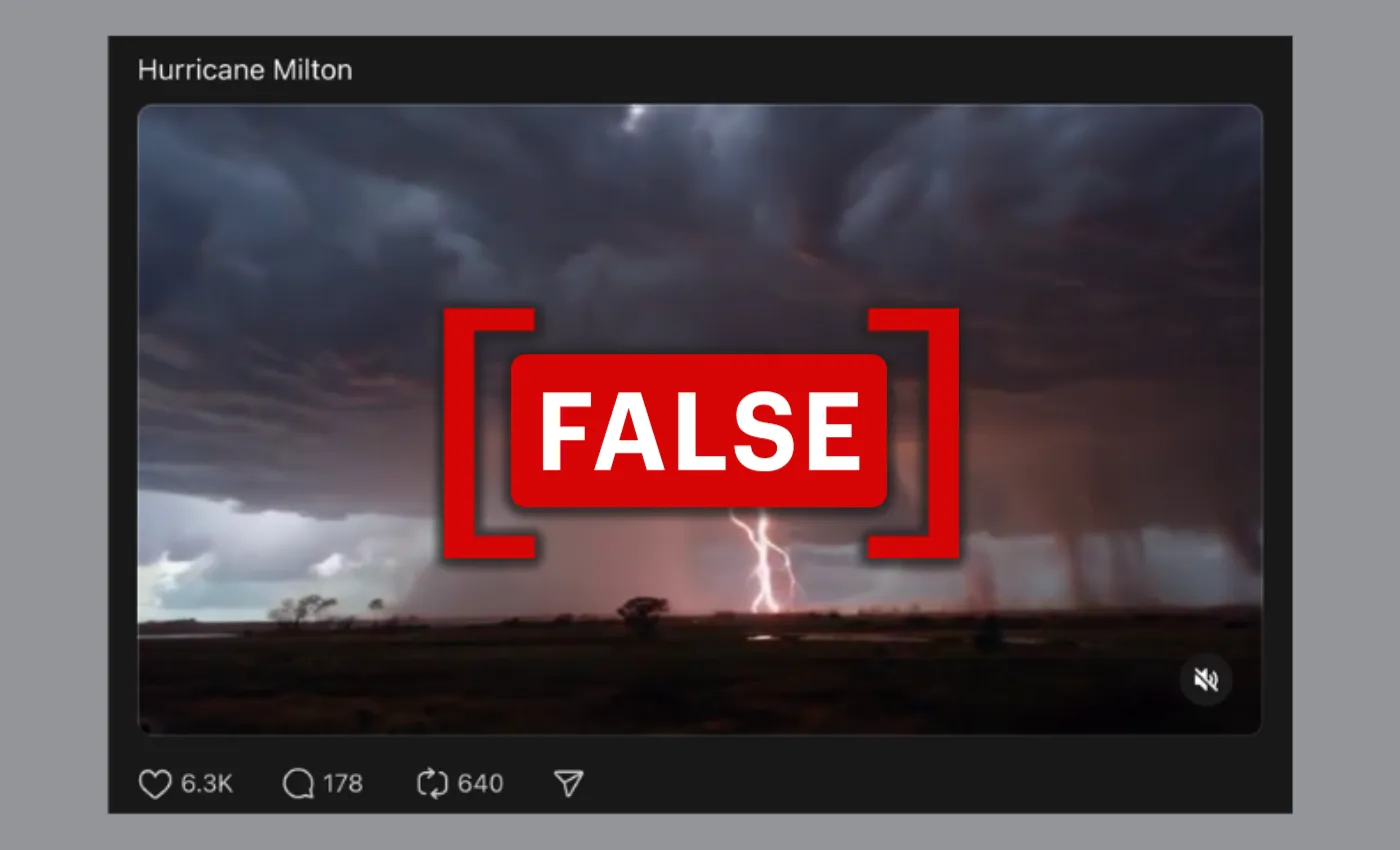 Screenshot of Threads post linking lightening footage to Hurricane Milton. (Source: Threads/"False" label added by Logically Facts)